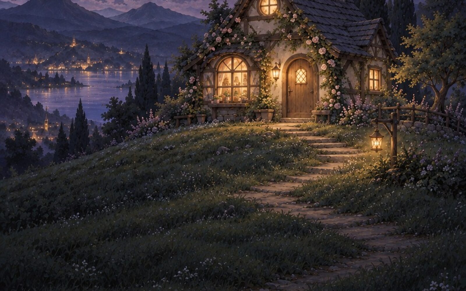 A little cottage with lit windows on a moonlit hill